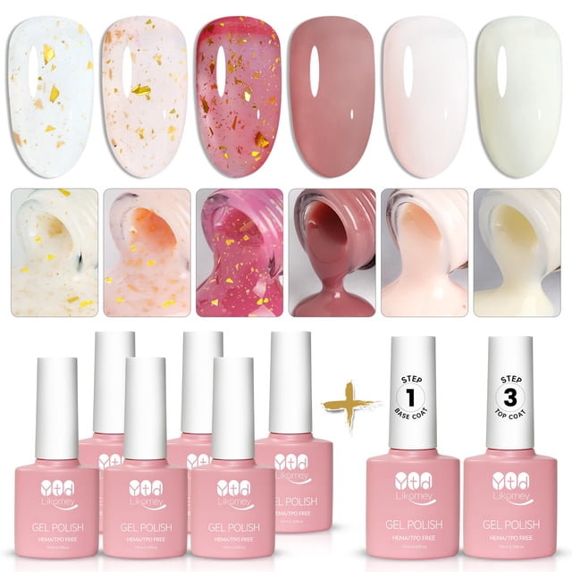 YTD Likomey Esmalte Semipermanente de Uñas en Gel UV LED Kit, 6 Colore Translúcido Hoja de Oro Blanco Lechoso Rosa Claro Esmaltes de Gel con Base y Top Coat Set,8 Pcs 7.5ml