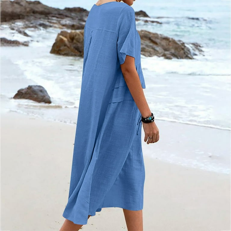 Women's Cotton Linen Midi Dress Casual Plus Size Crew Neck Short Sleeve Dresses Loose Fit Comfy Flowy Dresses for Old Women Holiday Deal