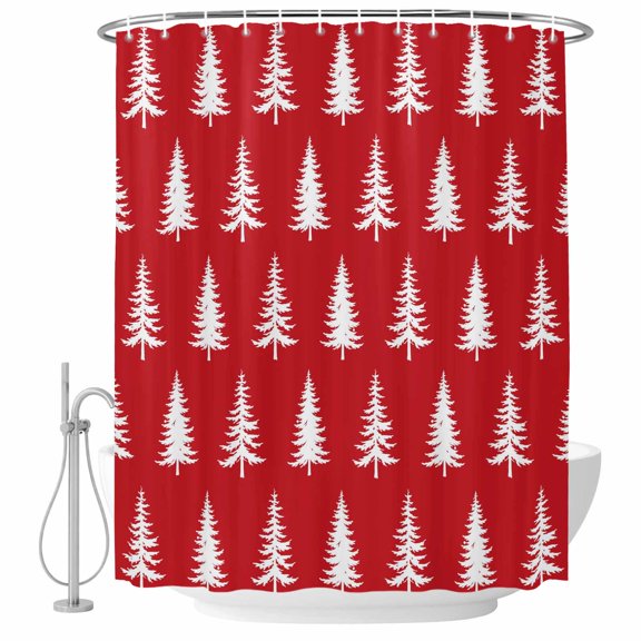 Bathroom Shower Curtain Christmas Tree White Sketch Waterproof Shower Curtains with Hooks, Seamless Pine Trees on Red Bath Curtains Bathtub Curtain Home Decor 60x72in