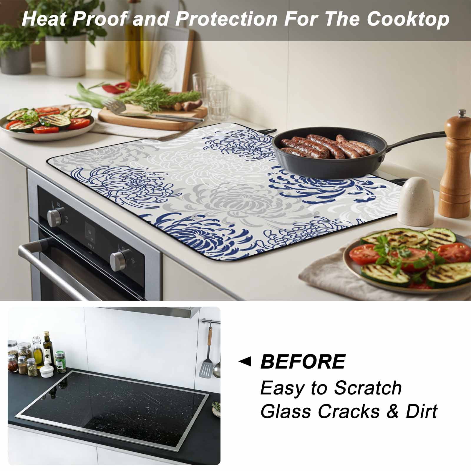 Blue White Stove Top Cover for Electric Stove, Heat-proof & Non Slip Glass Top Stove Cover Protector, Abstract Grey Chrysanthemum Flower Floral Kitchen Flat Cooktop Rubber Mat 36x21 Inches