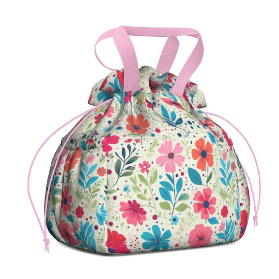 Pioneer Flower Drawstring Lunch Bag Women - Drawstring Lunch Bag Insulated for Work Office - Stain-Resistant Large Lunchbags for Women with Multi-Pockets