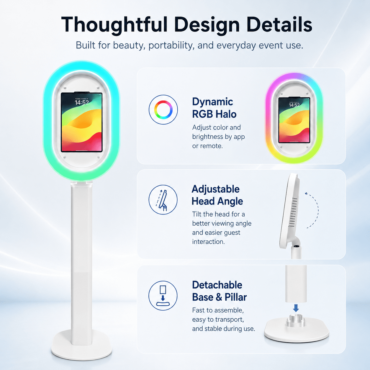 Portable iPad photo booth with flight case, metal selfie stand, and RGB ring light, perfect for parties, weddings, and rental businesses - compatible with 10.2-inch to 13-inch iPads.