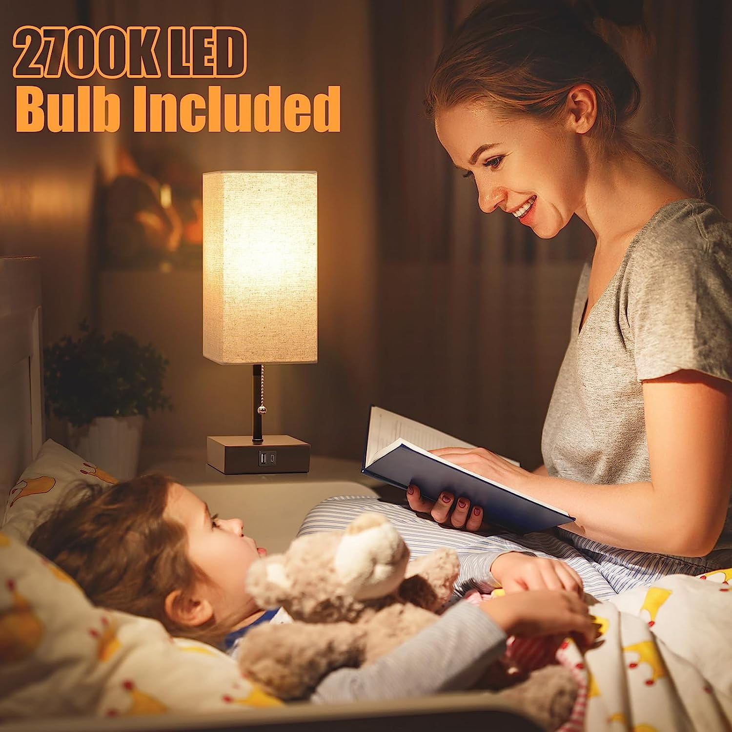 Bedside Table Lamp,Pull Chain Table Lamp with 2 USB Charging Ports, 2700K LED Bulb with Fabric Lampshade, Nightstand Lamps for Bedroom Living Room Study Dorm Home Office (LED Bulb Included),Gray