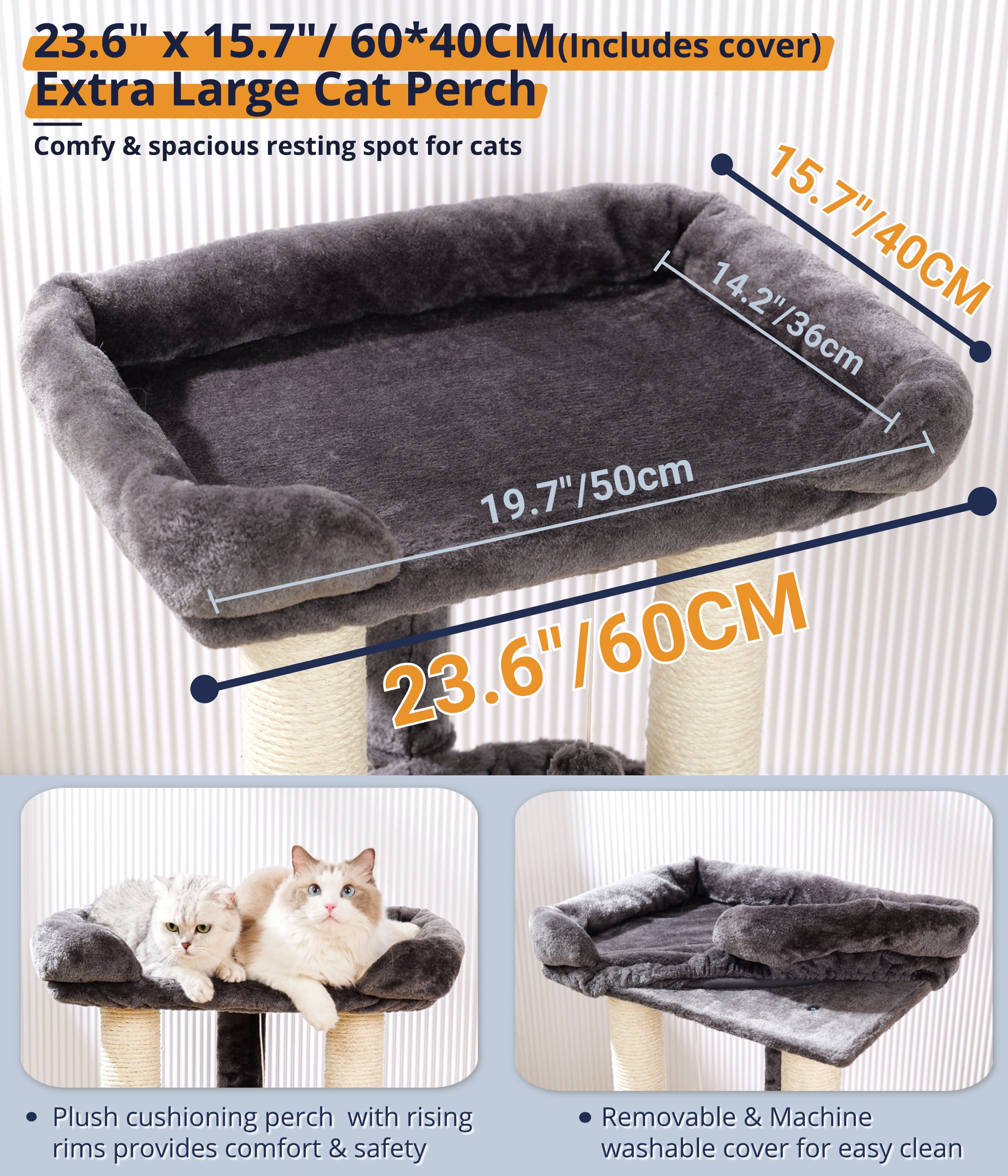 Happi N Pets 28" Cat Tree Tower, Tall Cat Scratching Post with Perch for Window Viewing, Large Bed for Big Cats, Cat Tower with Hammock, Removable Cover-Gray