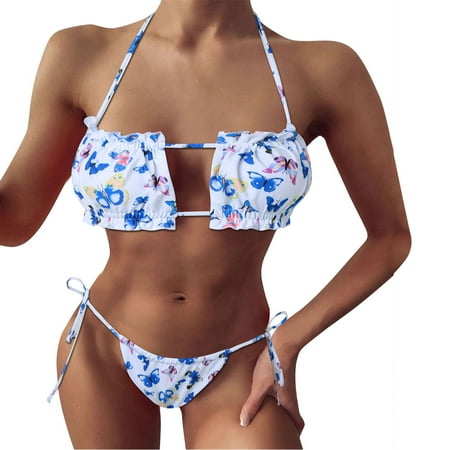 QYZEU Swimsuit for Women 2024 2 Piece Hanging Neck Hollow Out Beach Bikini Top 2 Piece Women s Pleated Bikini Tie Up Swimsuit Bottom Bright Bikini Swimsuit White L