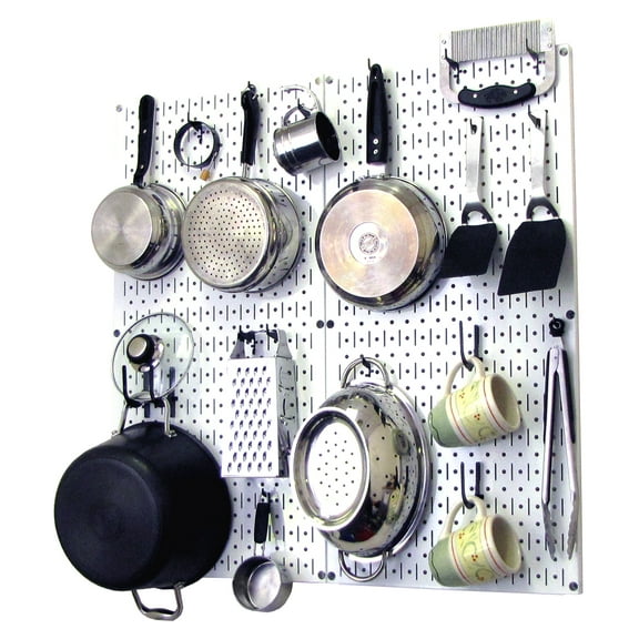 Wall Control Kitchen Pegboard Organizer Pots and Pans Pegboard Pack Storage and Organization Kit with White Pegboard and Black Accessories