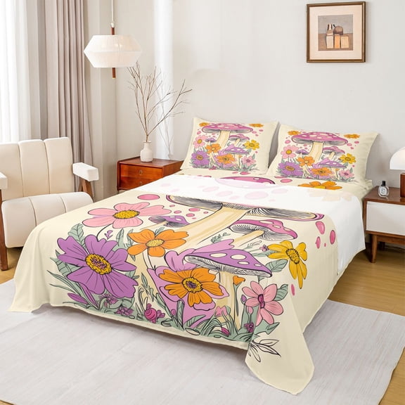 Homewish Kawaii Floral Mushroom Twin Sheet Sets 3pcs for Female Men Women,Botanical Plants Twin Fitted Sheet Microfiber,Vintage Aesthetic Breathable Flat Sheet,Lightweight Room Decor