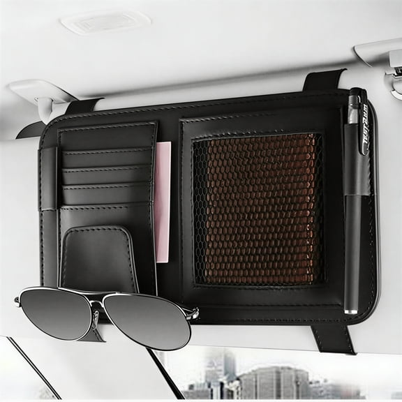 Sun Visor Organizers For Cars, SUVs, Trucks, Multi-Function Automotive Organizer Storage Pouch, PU Leather 12.3 Inches Multiple Pockets Holder For Card/Sunglasses/Phone/Documents