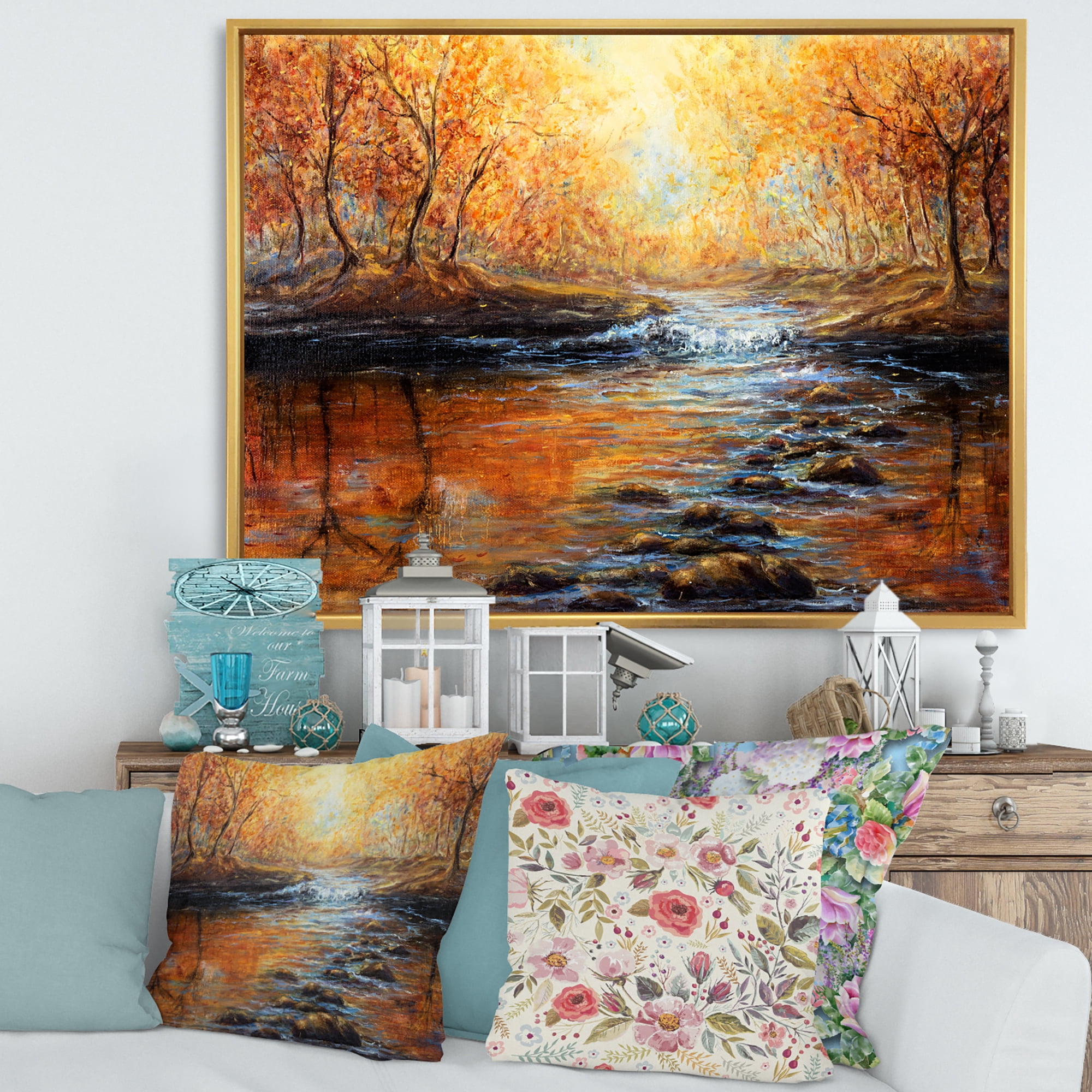 Designart 'Sunrise Glow In The Autumn Forest' Lake House Framed Canvas Wall Art Print