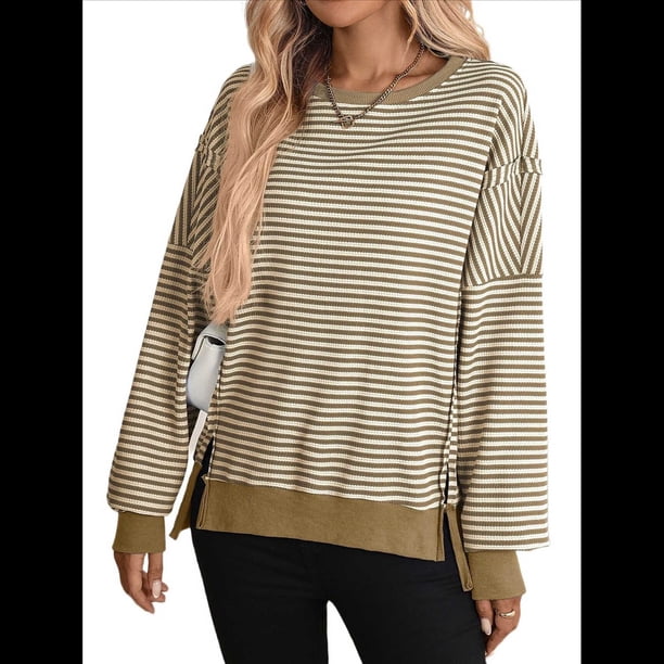 Sudadera Holgada de Otoño para Mujer, Informal, de Punto Gofre, Larga, Cuello Redondo, Abertura, Tipo Túnica. Caqui M