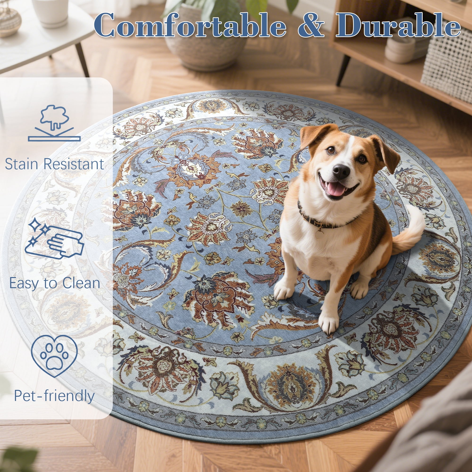 Cydiria Blue Round Persian Medallion Area Rug Floral Pattern Print Low-Pile Carpet for Living Room, 6' x 6'