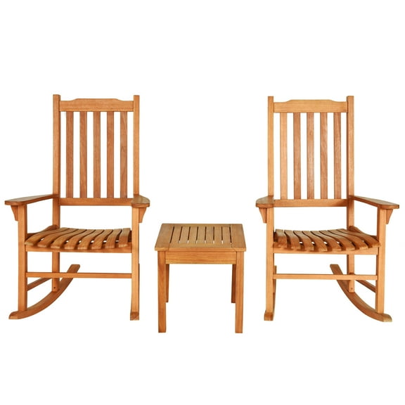 Patiojoy Outdoor 3 Pieces Wooden Rocking Chair Set Patio Rocker Chair and Table, Wood, 2 Person