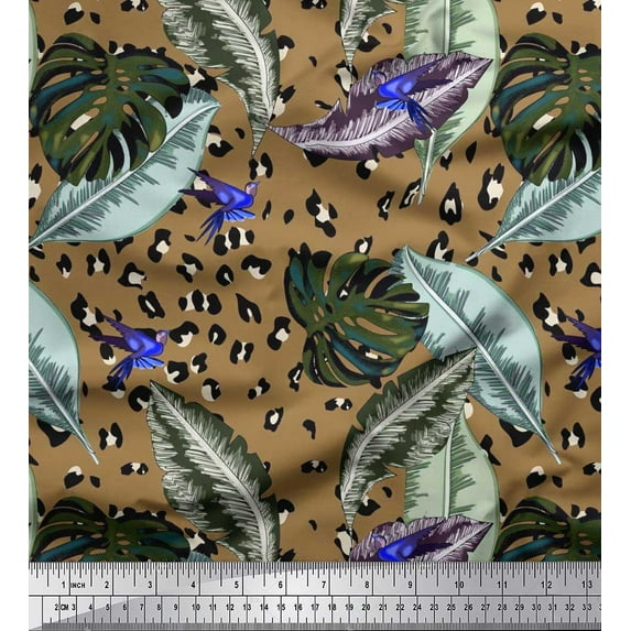 Soimoi Cotton Jersey Fabric Leopard Skin,Monstera & Palm Leaves Tropical Print Sewing Fabric Yard 58 Inch Wide