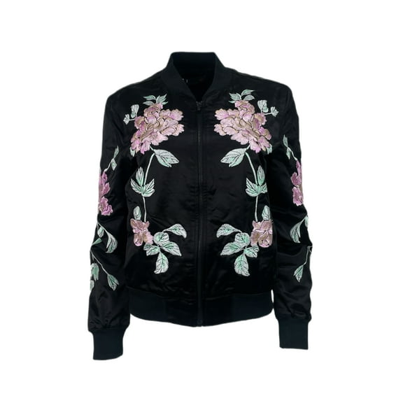 3X1 Women's Long Sleeve Satin Floral Print Jacket, Black, Medium