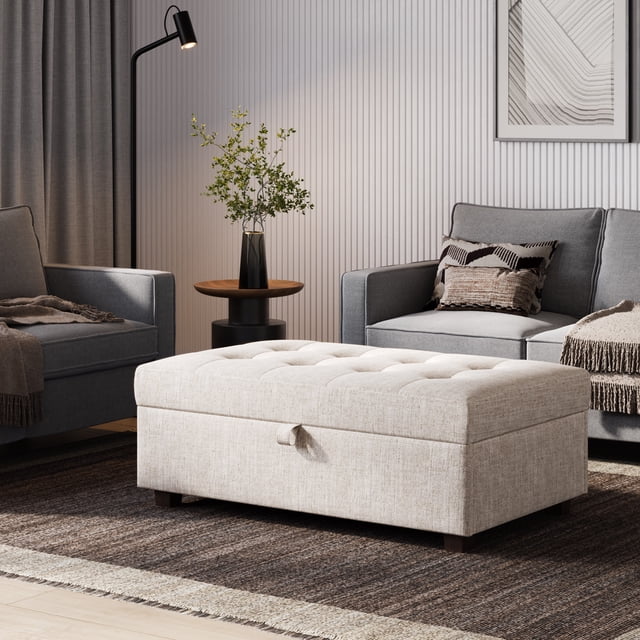 CorLiving Aubin Large Fabric Upholstered Indoor Storage Ottoman with Tufted Lid and Wood Legs, Beige