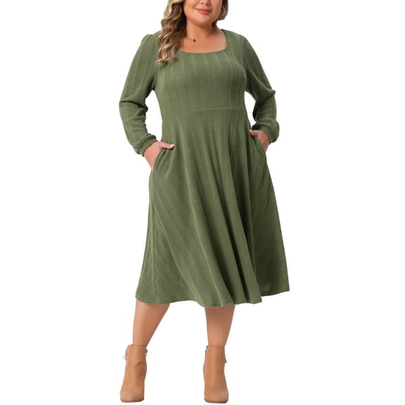 Agnes Orinda Women's Plus Size Long Sleeve Dress Square Neck Pockets Casual Flowy A Line Midi Knit Dresses 1X Army Green