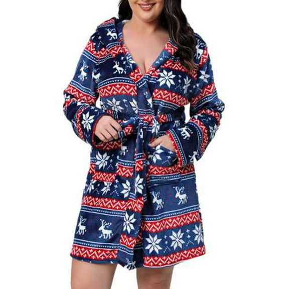 Tao Tao Women's Christmas Snowflake Elk Print Plush Robes Soft Bathrobe Knee Length Warm Fleece Loungewear with Pockets Navy 5XL