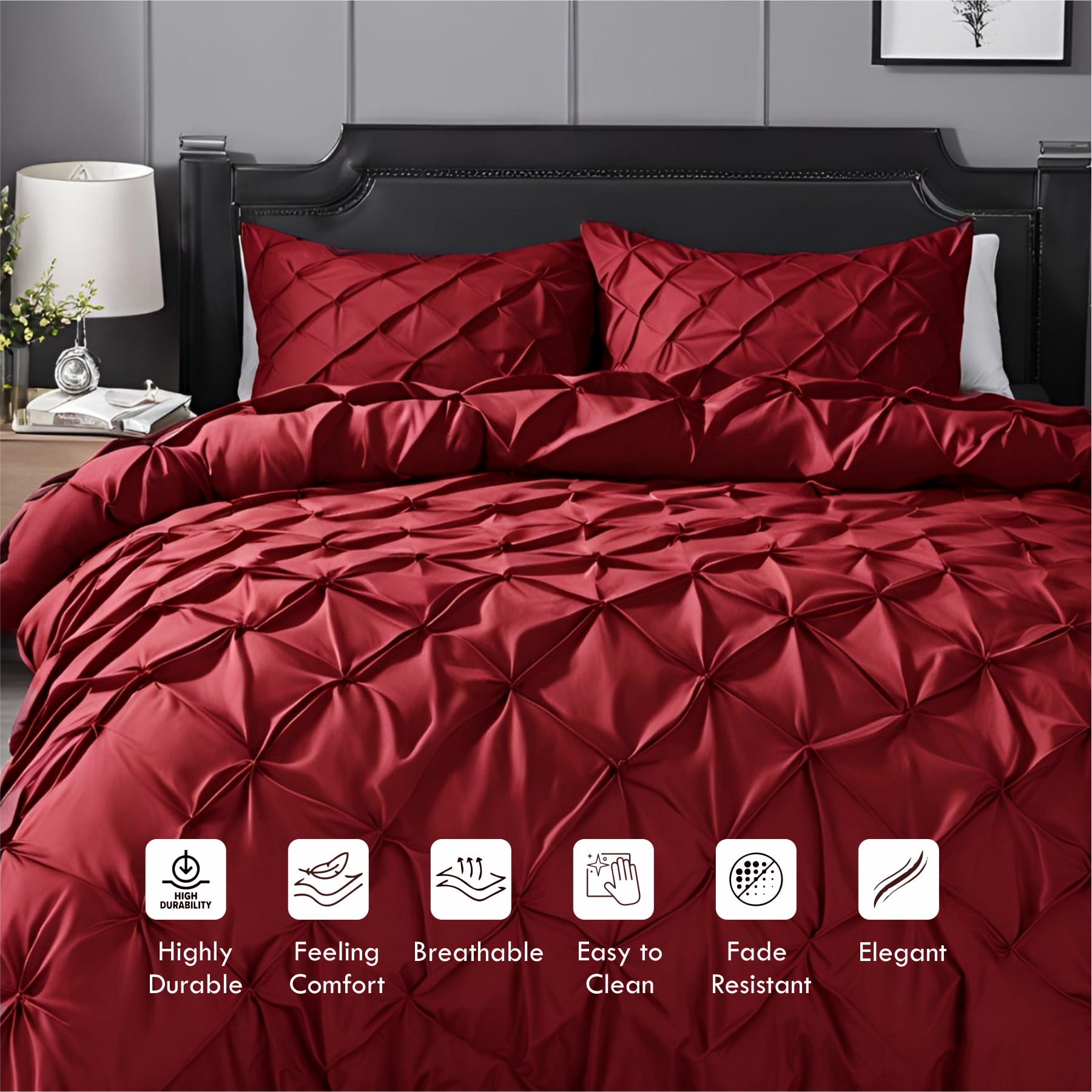 Pinch Pleated Duvet Cover Set 1200TC 100% Cotton Luxurious Home 3-Piece 1-Pinch Duvet Cover 2-Pinch Pillowcase Zipper Tie Closure Pack of 1