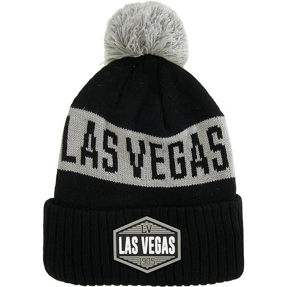 Las Vegas City Name Winter Knit 3D Rubber Patch Pom Beanie Hat (Black/Gray)