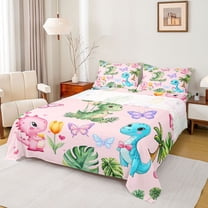 Homewish Cartoon Animal Dinosaur 3pcs Twin Sheet Sets for Kids Children Teens,Flowers Butterflies Twin Fitted Sheet,Dreamy Princess Breathable Flat Sheet,Luxury Bedroom Decor