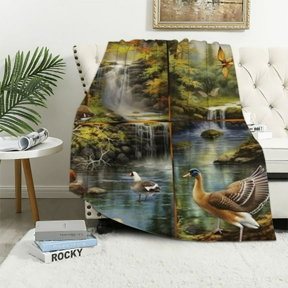 BCIIG Rustic Farmhouse Cabin Throw Blanket,Deer Bear Duck Hunt Adventure Bed Blanket for Girls Boys Women,Fishing Lake House Fleece Blanket,Colorful Bright Fuzzy Blanket,Baby 40x50in