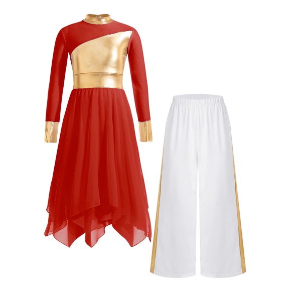 Mufeng Robe de Danse pour Filles, Manches Longues, Ourlet Irrégulier, Tenue de Culte avec Pantalon Palazzo Rouge&Blanc 16