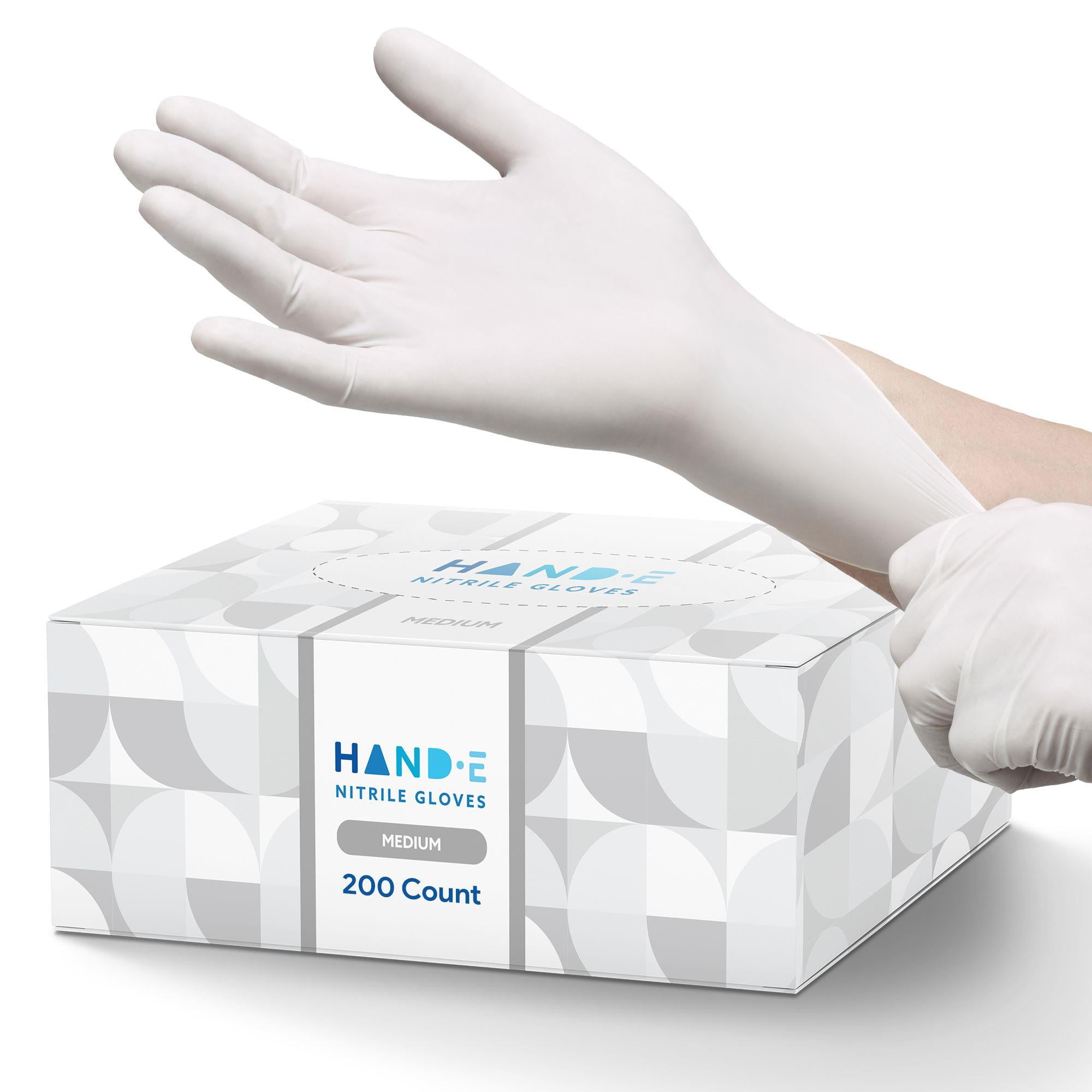 Hand-E Nitrile Gloves (M) 200 Count - Disposable, White, Powder and Latex Free Gloves
