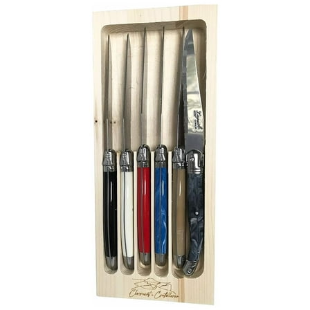 Laguiole Serrated Edge Sharp Premium Dishwasher Safe Full Stainless Steel 6-Piece Steak Knife Set, Multi-Color Handle