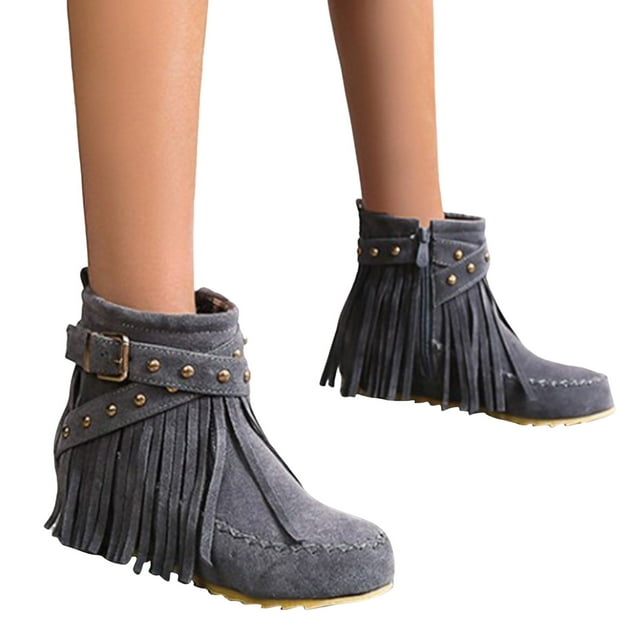 Fringe Ankle Boots for Women Boho Winter Fall Suede Buckle Studded Flat No Heel Mid Calf Short Booties