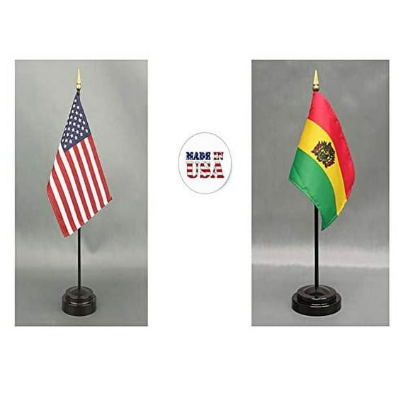 Made in The USA. 1 American and 1 Bolivian Rayon 4"x6" Office Desk & Little Hand Waving Table Flag, Includes 2 Flag Stands & 2 Small 4"x6" Mini Stick Flags