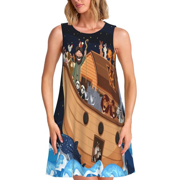 Bixox Ocean Scene with Noah's Ark Print Women's Sleeveless A-Line Dress with Pockets, Casual Knee-Length Tank Dress for Summer-3X-Large