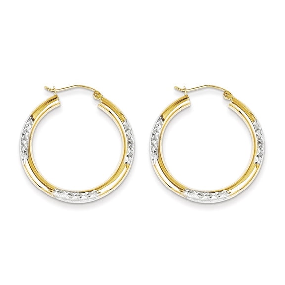 10k Yellow Gold and Rhodium Sparkle-Cut 3mm Hoop Earrings - Measures 31x30mm Wide 3mm Thick