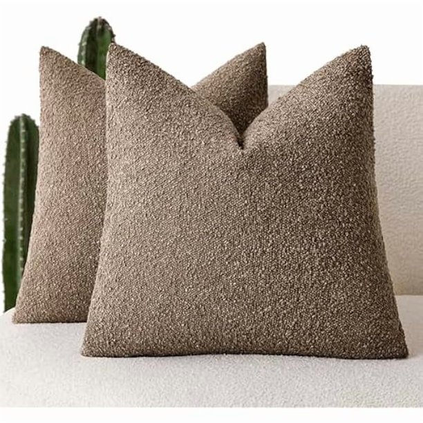 Chenchen Pack of 2, Decorative Textured Boucle Throw Pillow Covers Neutral Accent Solid Pillow Cases Cozy Soft Couch Cushion Case for Chair Sofa Bedroom Living Room Home Decor 22x22 Inch Light Brown