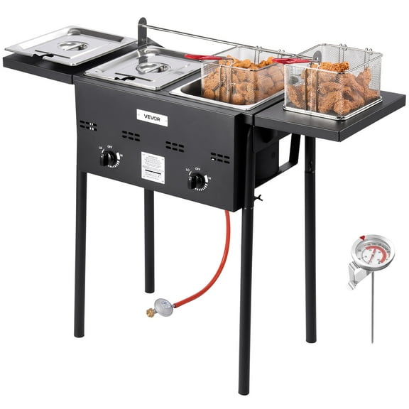 VEVOR Outdoor Propane Deep Fryer,Dual-Tank 8QTx2 Commercial Fryer, Stainless Steel Cooker with Foldable Platform, Dual Basket, and Heat Adjustment, Floor Standing Fryers for Restaurant Home Snack Bar