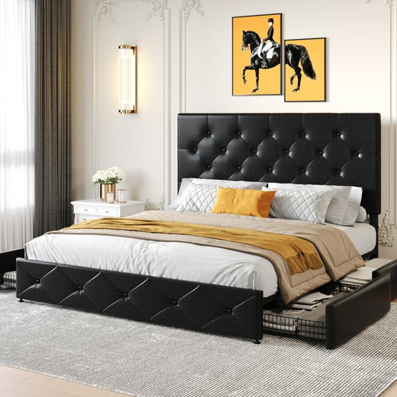 Sha Cerlin Black Queen Leather Platform Bed Frame with 4 Storage Drawers & Adjustable Headboard, Adult