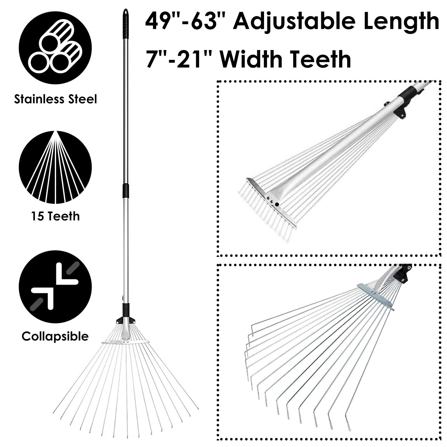 Collapsible Steel Leaf Rake,15 Teeth Stainless Steel Rake for Lawn Yard ...