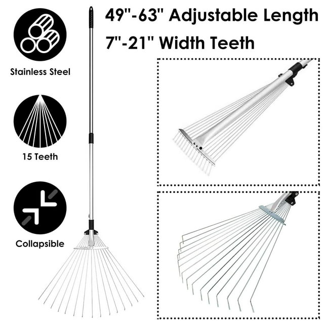 Collapsible Steel Leaf Rake,15 Teeth Stainless Steel Rake for Lawn Yard Garden, 63in