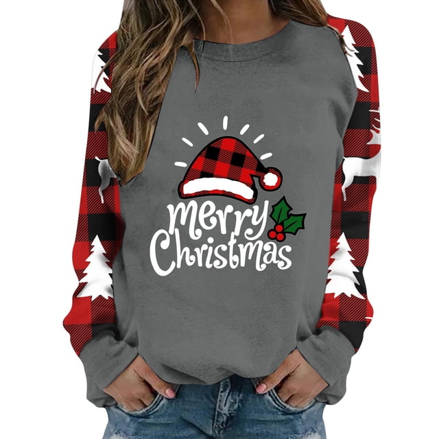 Gibobby Sudadera Navidad para mujer de manga larga con cuello Rojoondo Impreso Gibobby Womens Hoodies Navidad Holiday Fit Pullover Blusa (Gris, L)