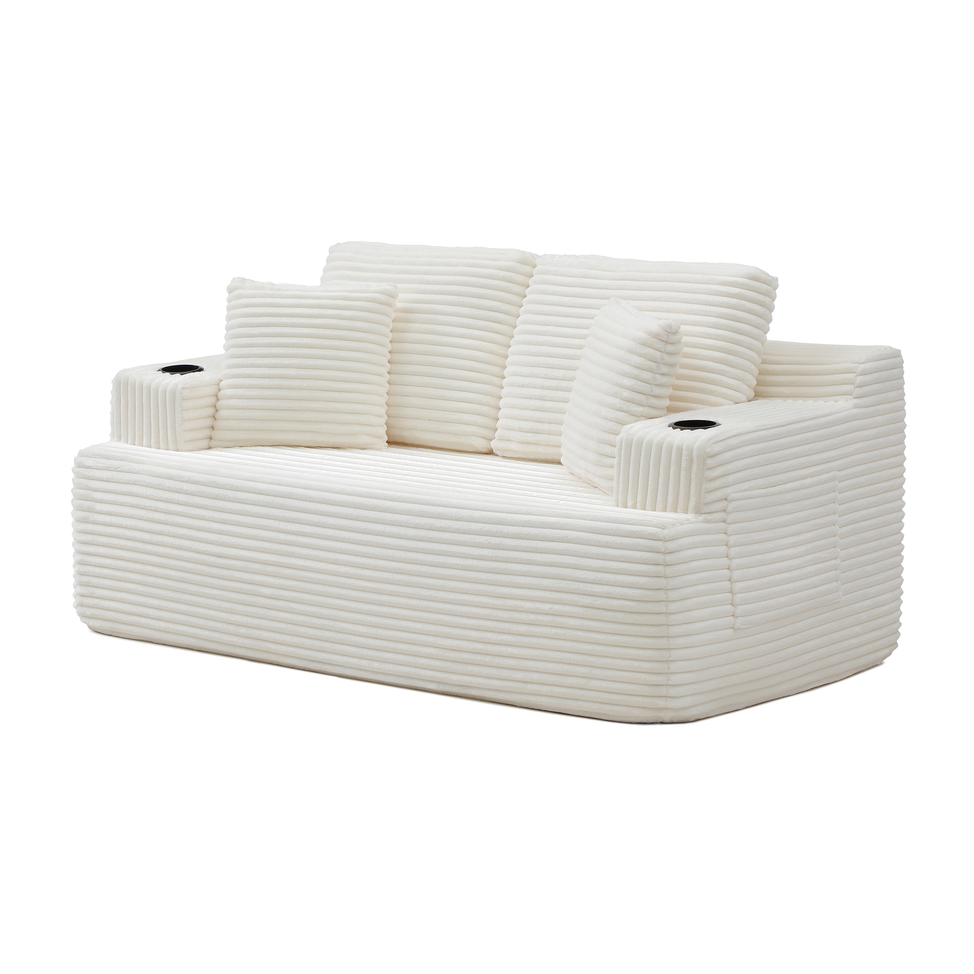 Boneless Loveseat, 2-Seater Floor Couch with Cup Holders and Side Pockets, Corduroy Fabric No Assembly Sofa for Small Space or Apartment, 66.5 Inch, Beige