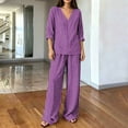thumbnail image 4 of sdhkgrrt Women's Plus Size 2 Piece Pajama Outfit Striped V Neck 3/4 Sleeve Blouse Wide Leg Pants Casual Boho Lounge Set Loose Matching Travel Daily Tracksuits, Purple XL, 4 of 6