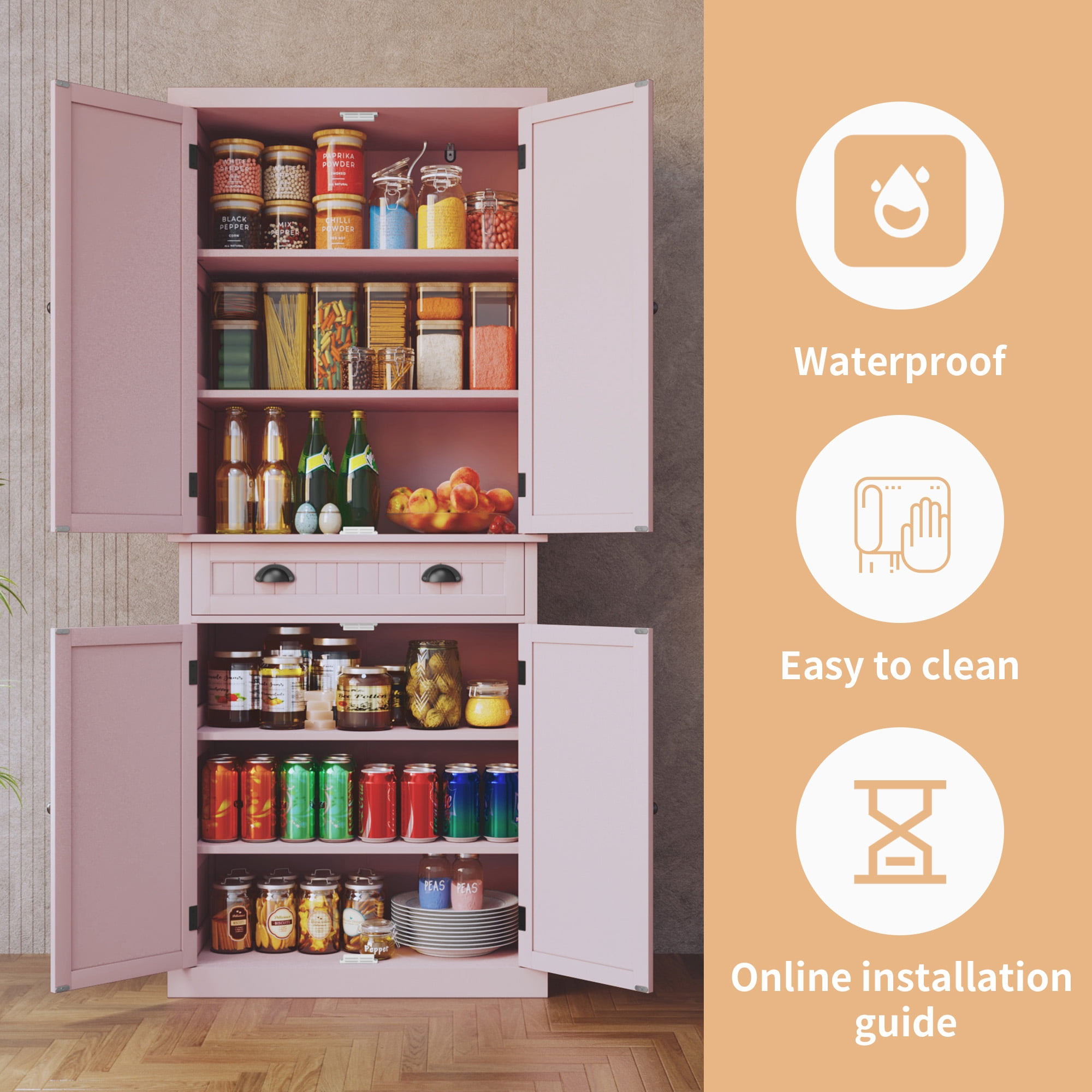 72" Tall Kitchen Pantry Cabinet with Drawer & Adjustable Shelves, Freestanding Storage Cabinet, Pink