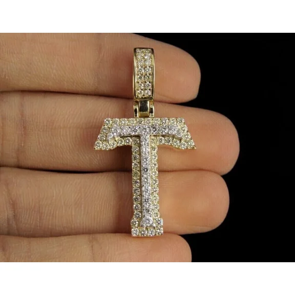 1.50Ct Real Moissanite 3D Initial "T" Letter Pendant 14K Yellow Gold Plated