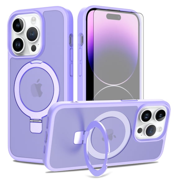 Asuwish Phone Case for iPhone 13 Pro/14 Pro 6.1 inch Tempered Glass Screen Protector Magnetic Folding Stand Frosted Translucent Rugged Shockproof Protective Cell Cover iPhone13/14Pro Women Men Purple