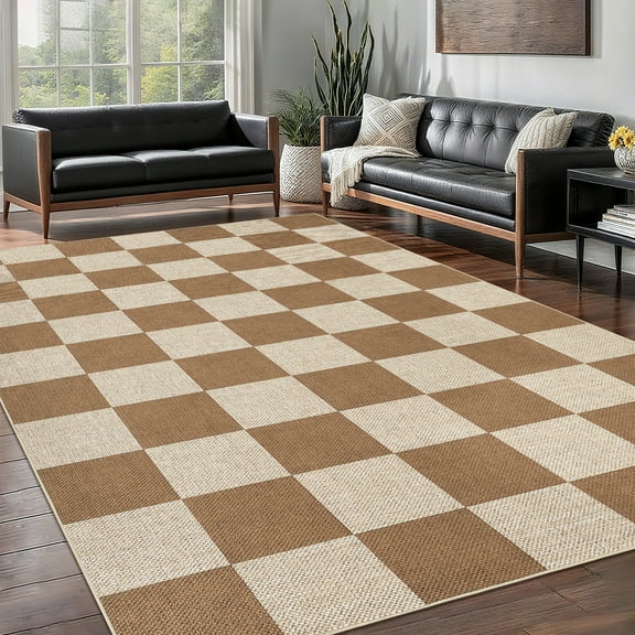 Garvee 5'x7' Modern Checkered Area Rug Easy Jute Carpet, Non Slip Non Shedding Washable Rug Farmhouse Floor Cover for Living Room Bedroom Home Office, Coffee