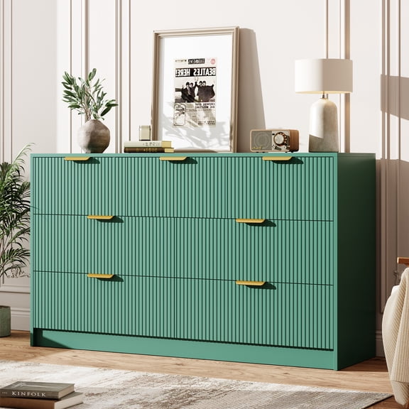 SOLLED 7 Drawer Dresser 55 Inch Wide, Modern Fluted Double Chest with Gold Metal Handles, Multi-Function Storage for Bedroom Living Room Hallway,Green
