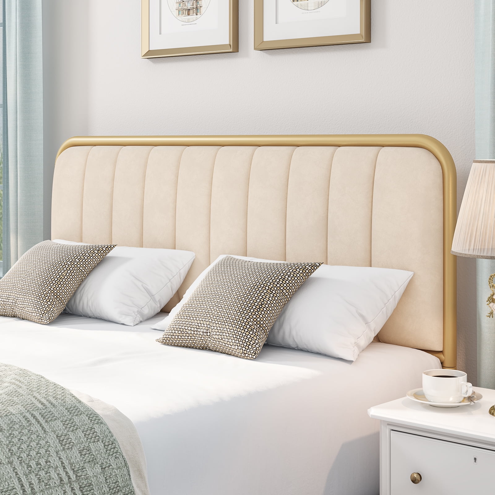 Homfa King Size Upholstered Headboard Bed Frame, Gold and Homfa King Size Upholstered Headboard Bed Frame, Gold and