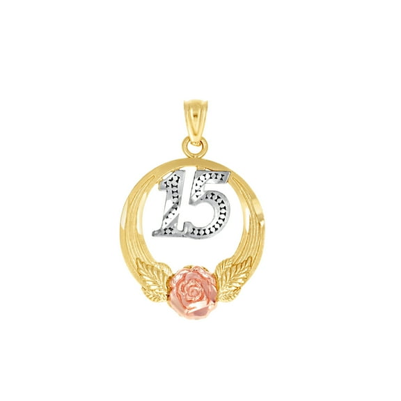 10k Tri-color Gold Unisex Sparkle-Cut 15 Anos Flower Charm Pendant Necklace 27.3x16.7mm Wide Pendant for Women