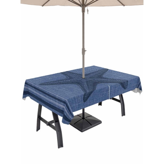 60x102 Inch Outdoor Tablecloth with Umbrella Hole Zipper Rectangle Navy Bluefish Rectangular Tablecloths Outside Waterproof Coastal Summer Beach Ocean Buralp Patio Table Cloth Cover for Picnic Party