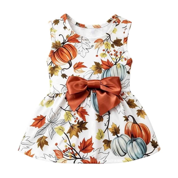 Dog Thanksgiving Outfit, Dog Dress with Bow, Cute Fall Pet Costume with Pumpkin Maple Leaves Printed, Pets Halloween Costume - X-Large