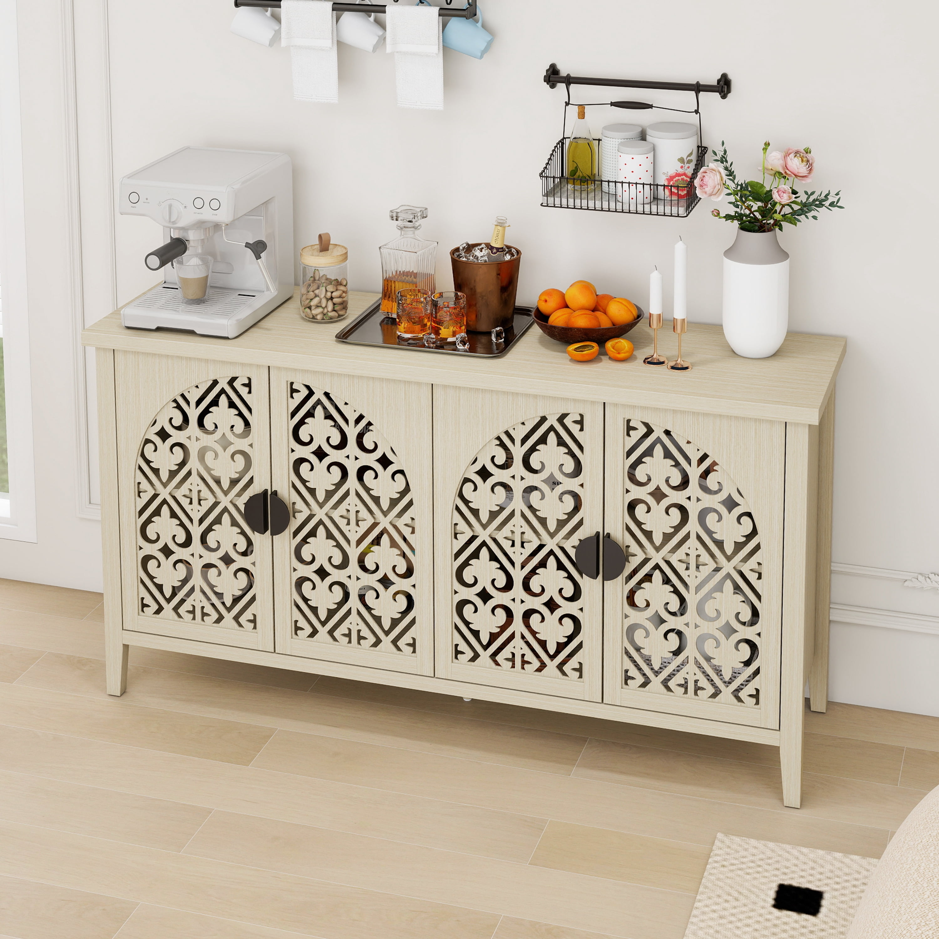 BSHTI 4-Door Hollowed-Out Cabinet – Farmhouse Storage Cabinet with Carved Panels, Adjustable Shelf, Anti-Tip Safety, for Bedroom, Living Room, Study, Brown